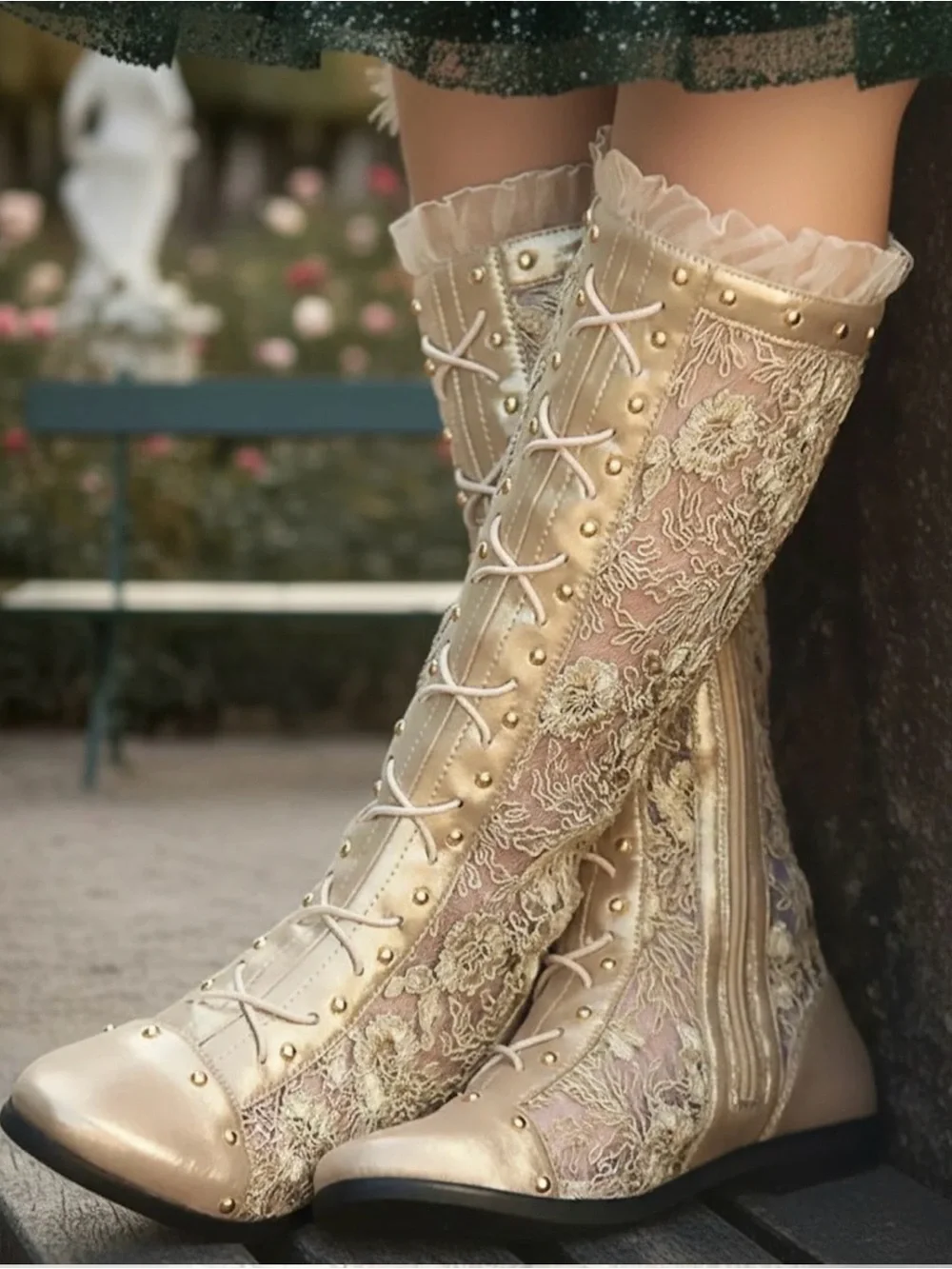 Trish Scully Gramercy Lace-Overlay Knee Boots - Elegant Metallic Detail